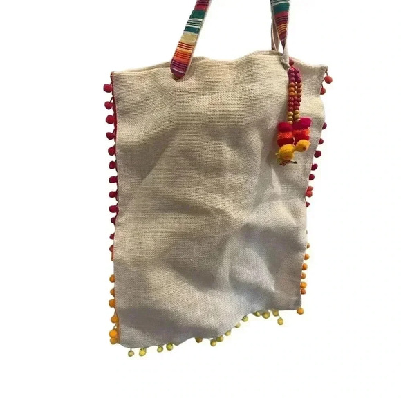 NWT Rungolee Women's Pom Pom Bag Pink Multi Canvas Tote Bag - Picture 4 of 12